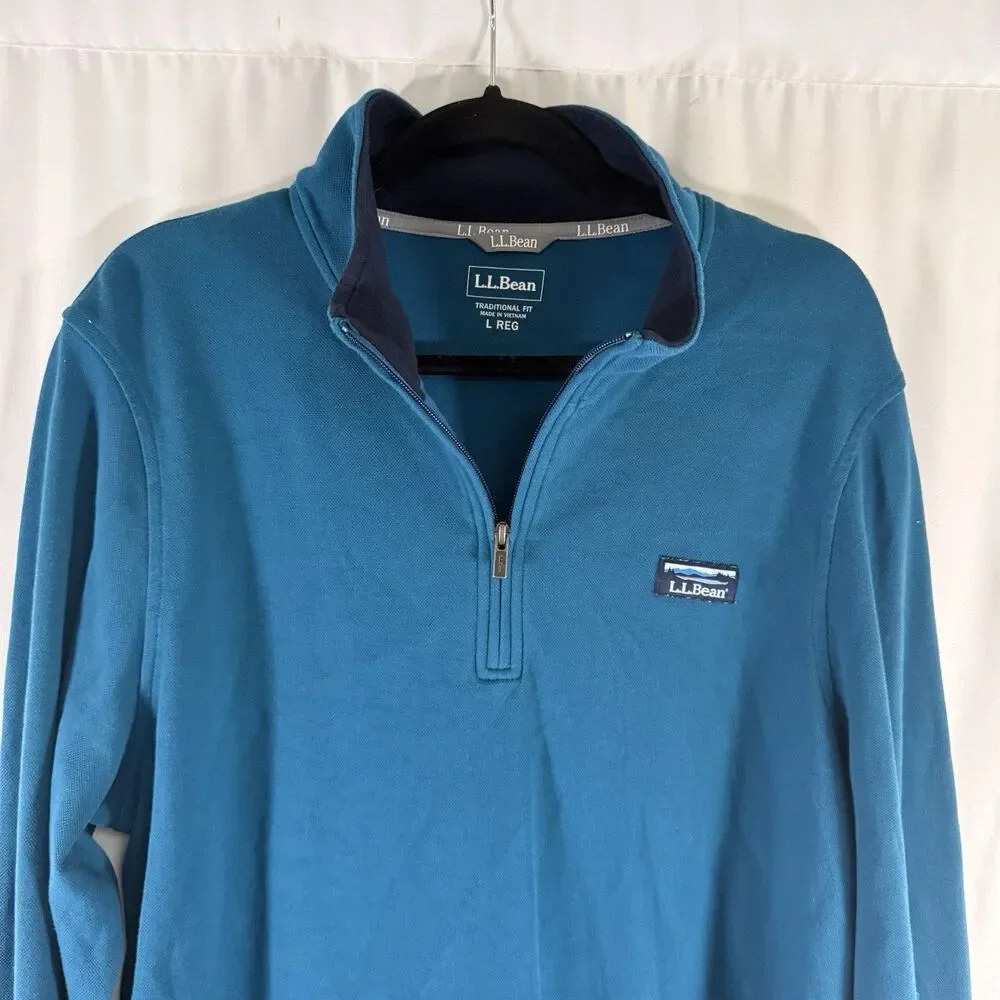 LL Bean Sweater Men's Large Teal 1/4 Zip Turtleneck Traditional Fit Cotton Blend